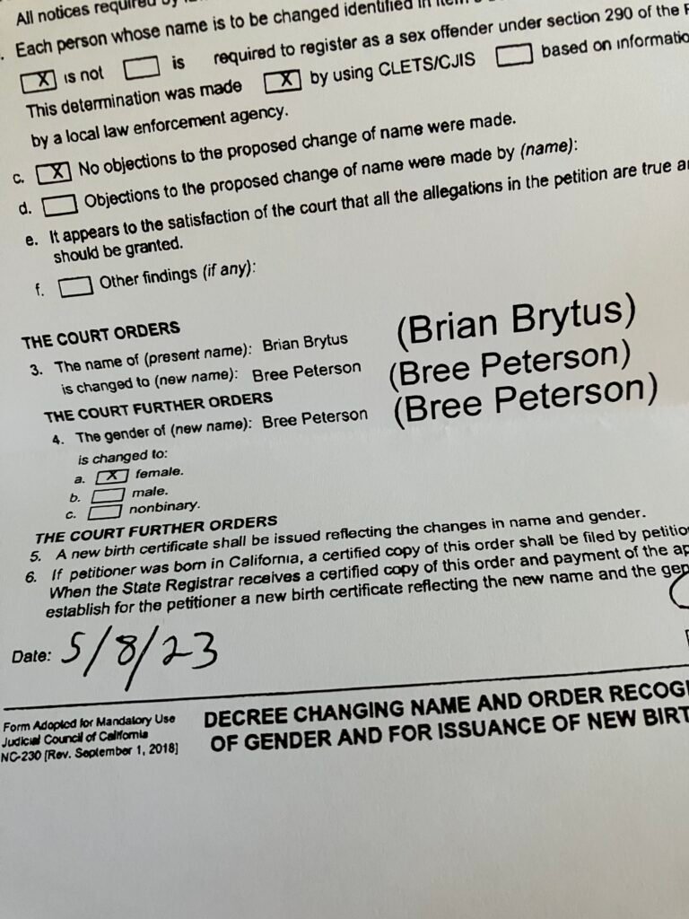 Name change from Brian Brytus to Bree Peterson